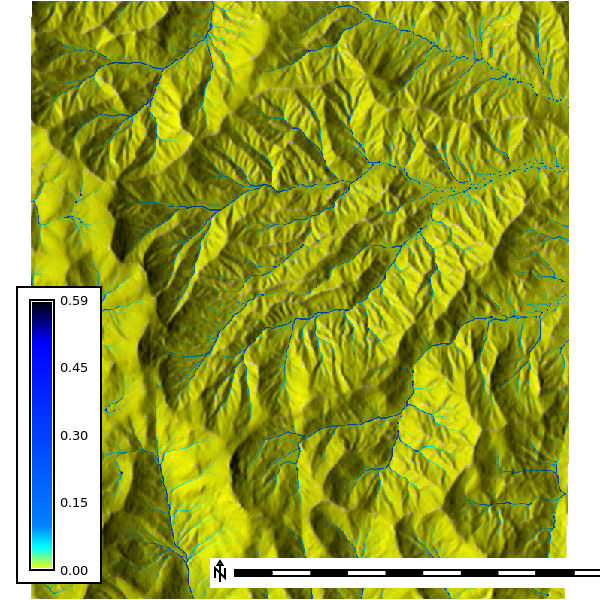 Depth, seepage with rainfall, 16 min