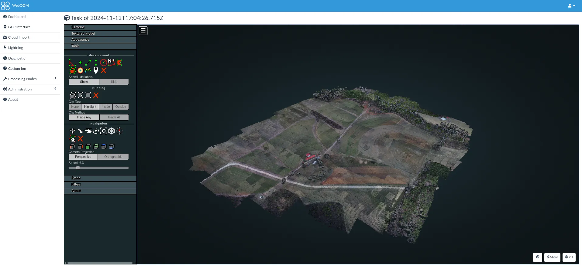 WebODM 3D viewer showing a point cloud