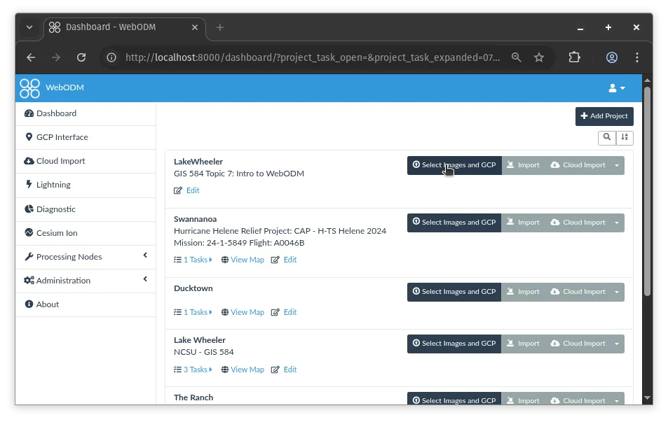 WebODM dashboard with the Select Images and GCP button highlighted