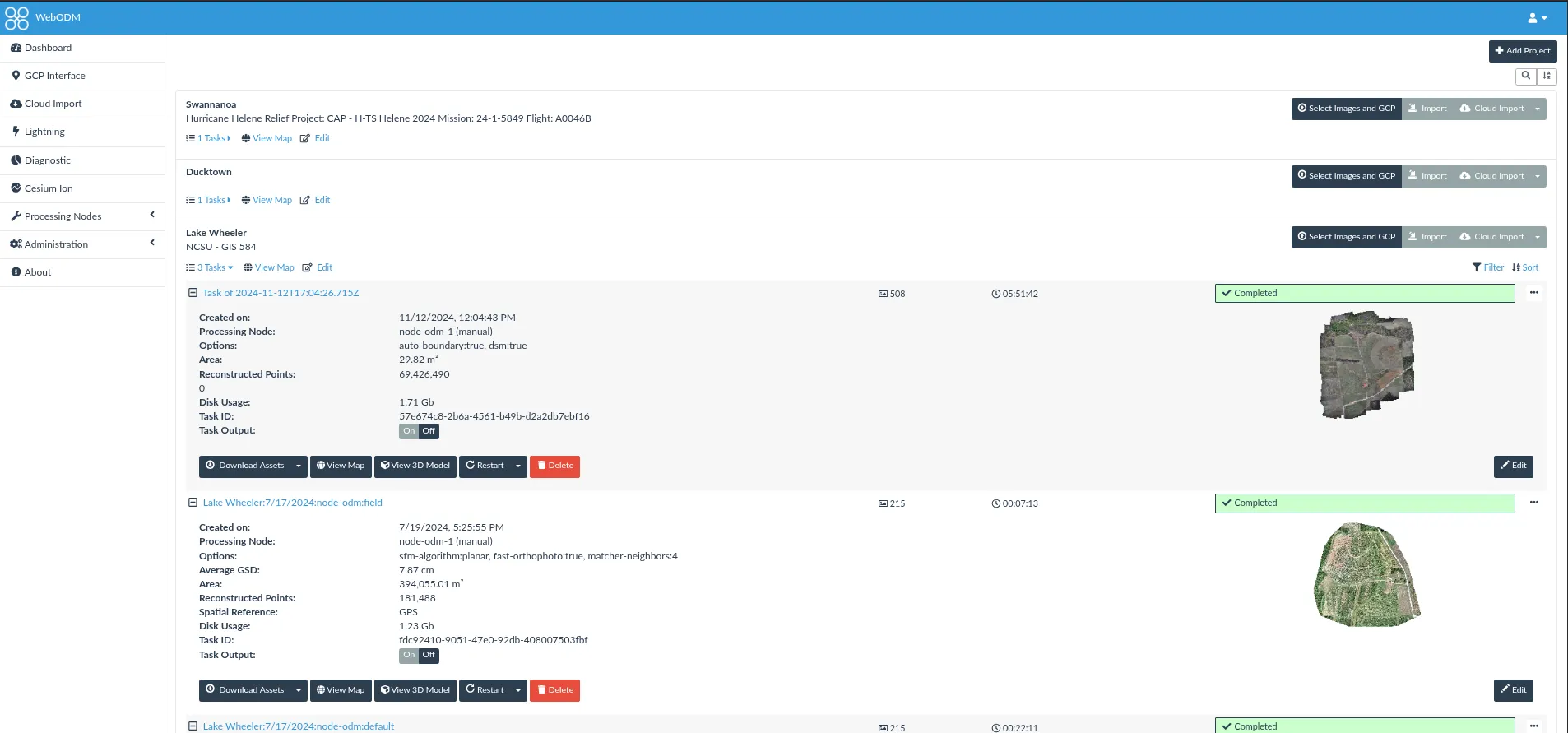 WebODM dashboard with completed tasks showing options, GSD, area, reconstructed points, and processing time
