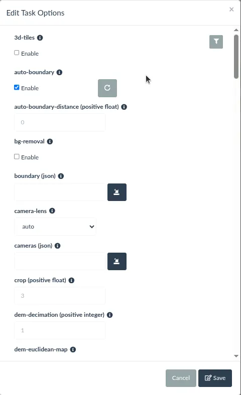 WebODM task option editor listing dsm, dtm, and resolution options