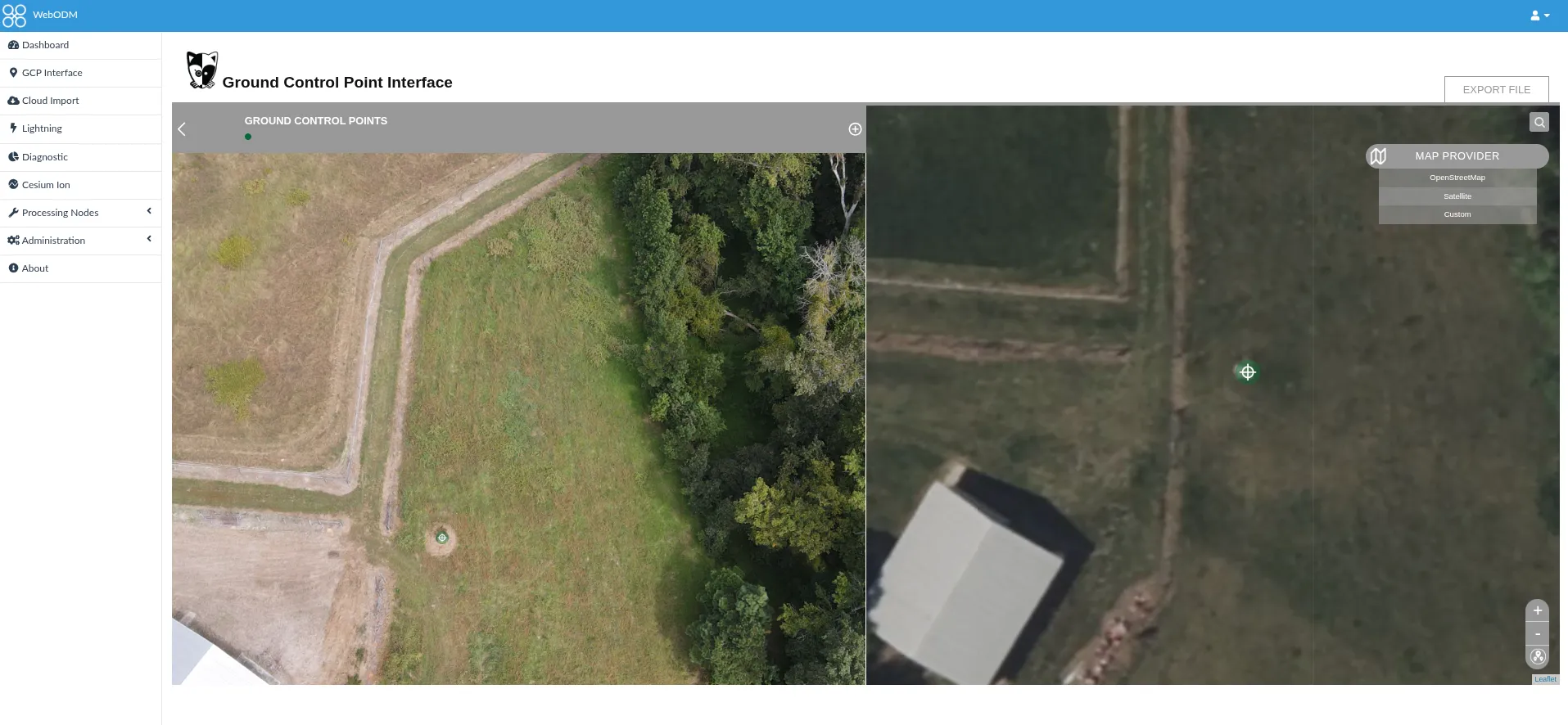 WebODM ground control point interface showing an aerial photo beside a satellite basemap with a target marker
