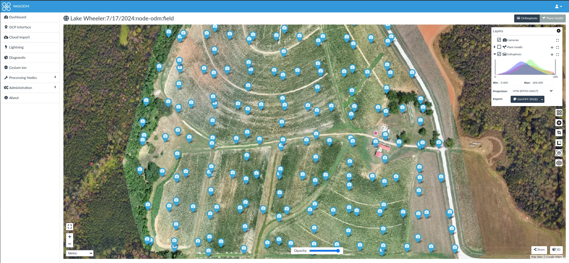 WebODM 2D map view of an orthomosaic