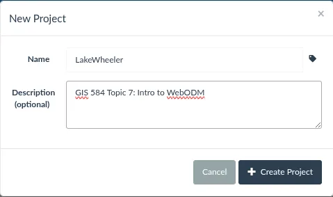 WebODM new project dialog with name and description fields