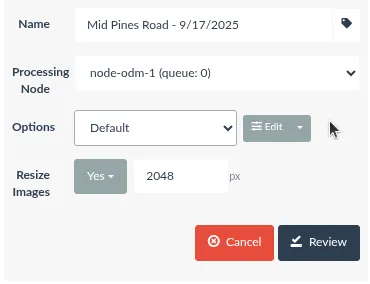 WebODM task options with preset selection and processing node
