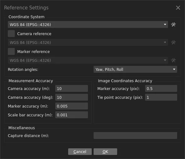 Metashape Reference Settings dialog showing camera accuracy of 10 m, marker accuracy of 0.005 m, and image coordinate marker accuracy of 0.5 pixels