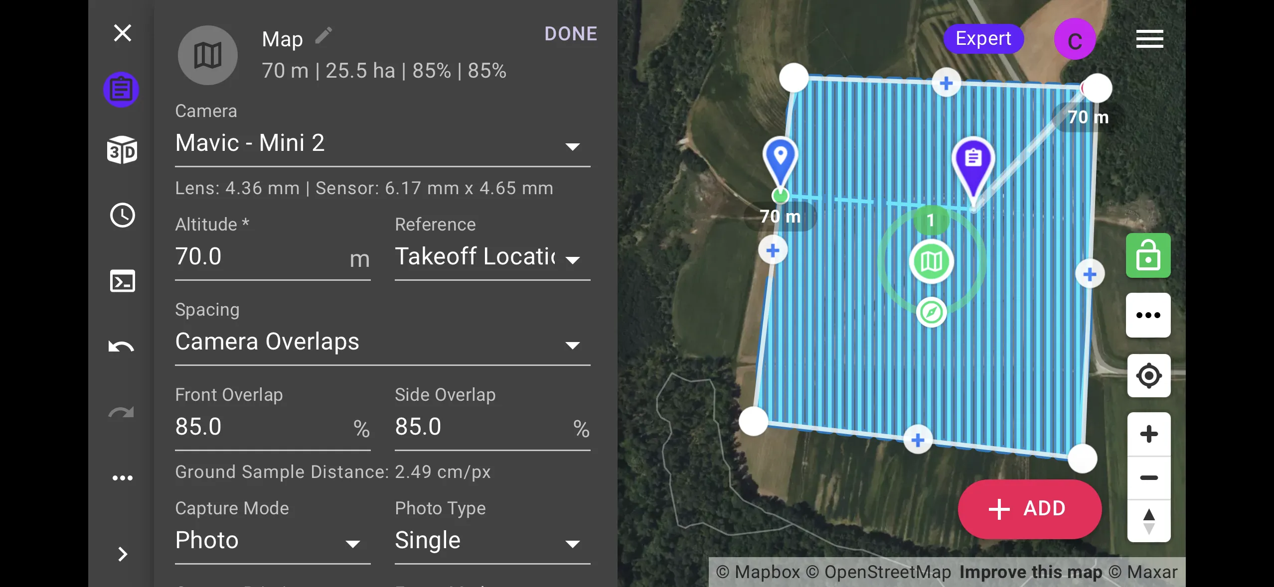 DroneLink flight plan at 70 m with 85 percent front and side overlap, showing denser flight lines