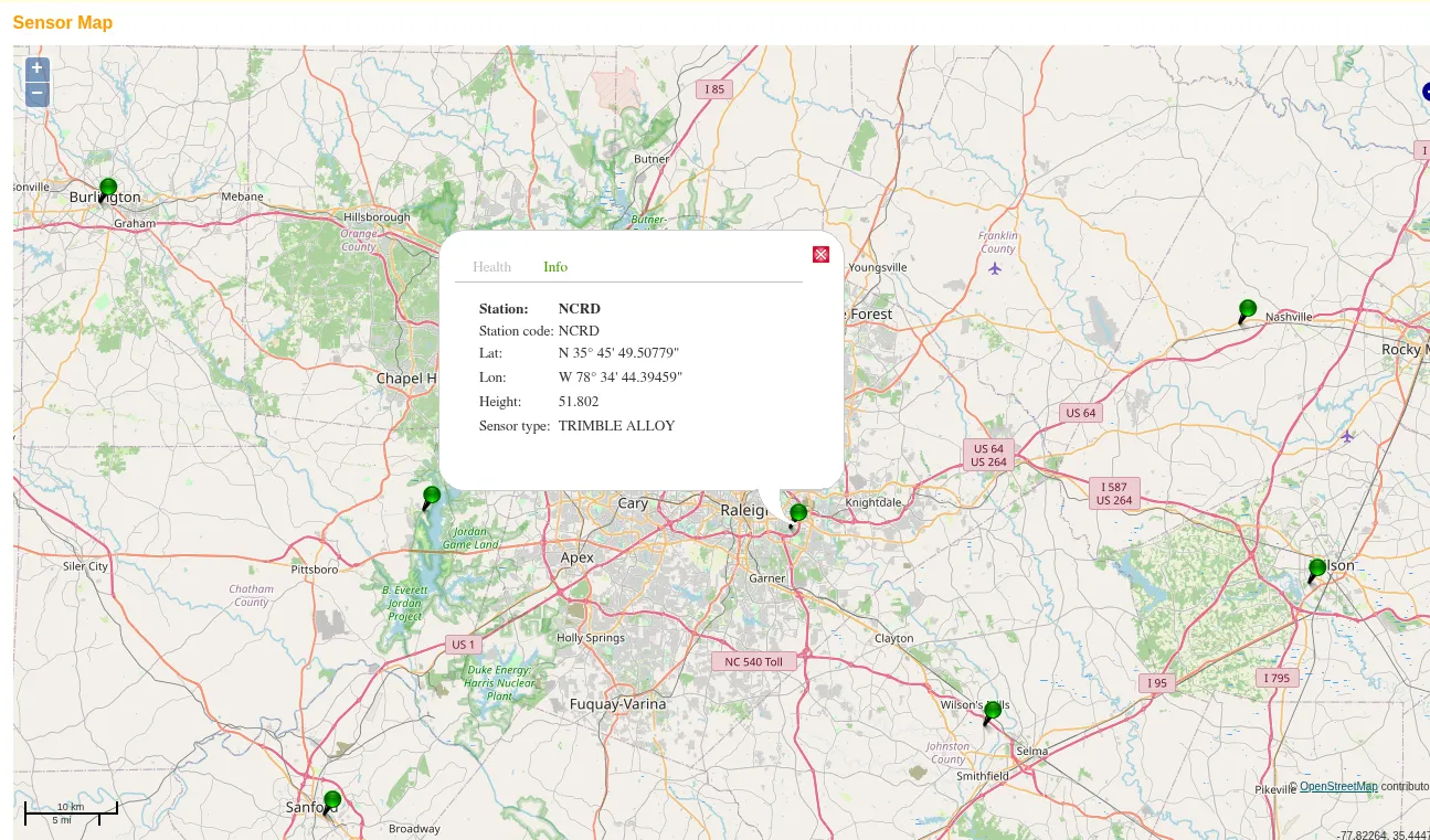 NCRTN sensor map of the Raleigh area with a popup for station NCRD giving its latitude, longitude, height, and Trimble Alloy sensor type