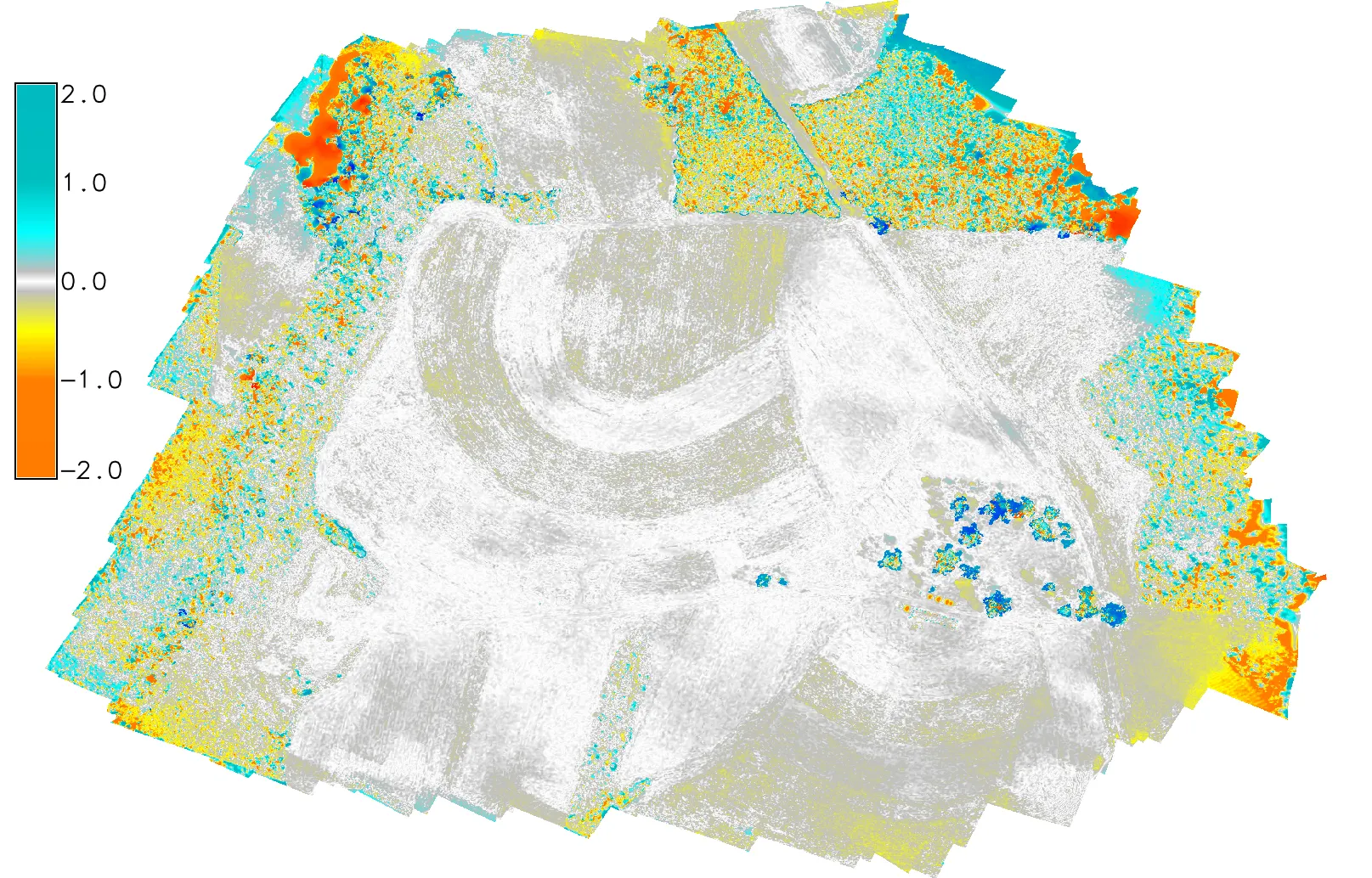 Difference map between the two October DSMs in meters: the open fields are near zero in white and grey, the tree lines and field edges show patches of plus and minus one to two meters in cyan and orange