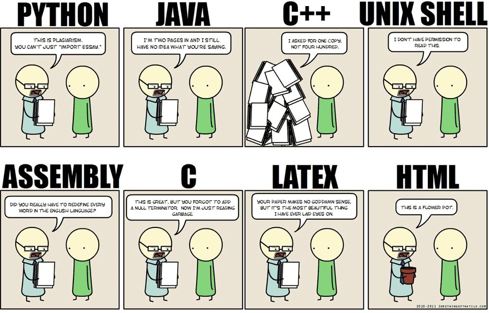 If programming languages were essays. Note the LaTeX part: Your paper makes no sense, but it's the most beautiful thing I ever laid my eyes on. (Original author unknown.)